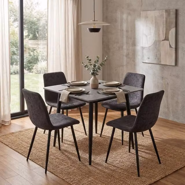 FWStyle 5 Piece Grey Marble Effect Square Ceramic Dining Table and Chairs Set with Black and Grey Accents