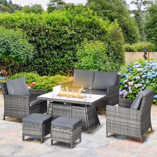 Chilli Seating Modern 6 Seater Grey Rattan Fire Pit Table Set