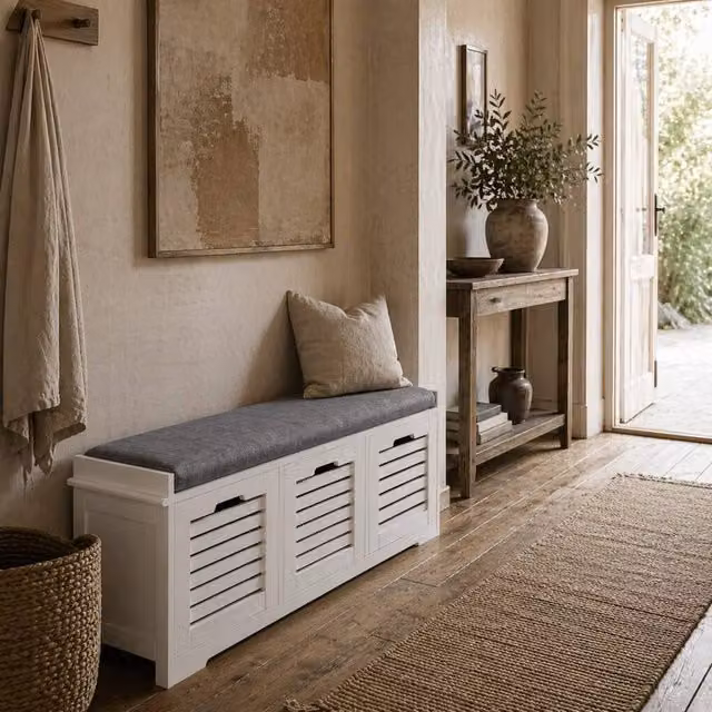 Wyld Haus Vesava White 3 Drawer Slatted Shoe Bench with Grey Padded Seat, W/D/H: 108 x 35 x 43 cm