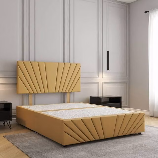 Regional Furnishings Luxury Velvet Divan Bed with 24 inch Headboard and Footboard, Mustard Yellow, W/D/H: 180 x 200 cm