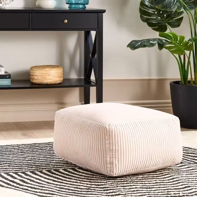 Wyld and Coco Beige Corduroy Square Pouffe Boho Modern Footstool