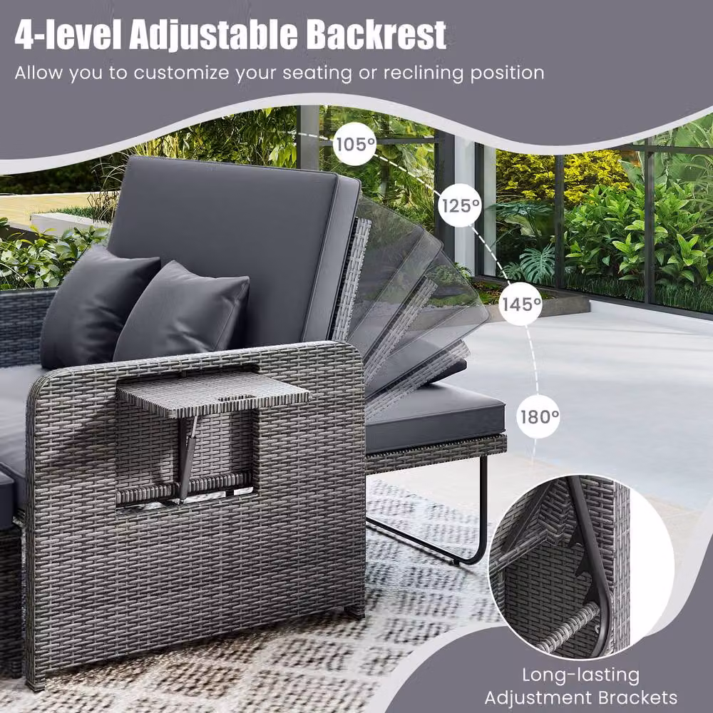 Costway 2-Piece Grey PE Wicker Daybed and Patio Rattan Furniture Set with Adjustable Backrest – 5