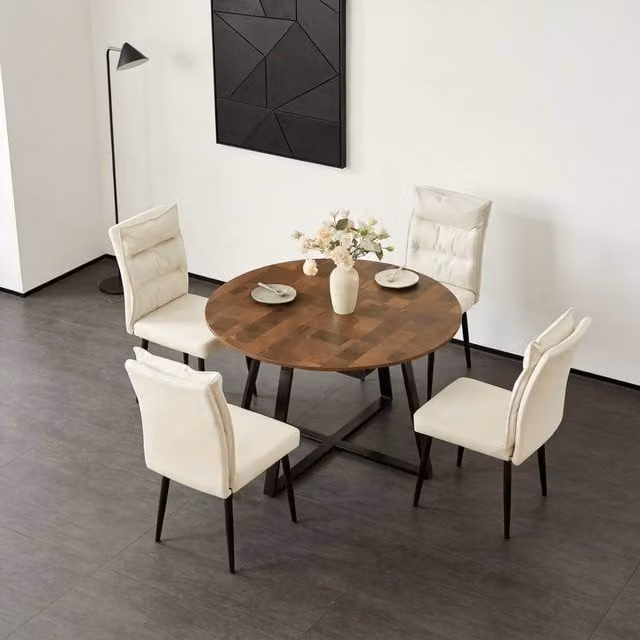 FURNITURE ONE 5-Piece Expandable Round Dining Set with 4 Upholstered Chairs in Light Beige