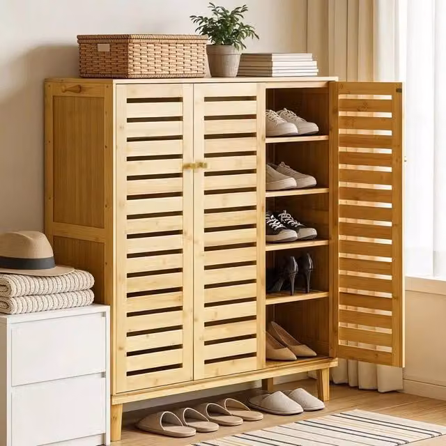 EONLION Retro Tall Shoe Storage Cabinet with Hinged Doors in Brown – 1