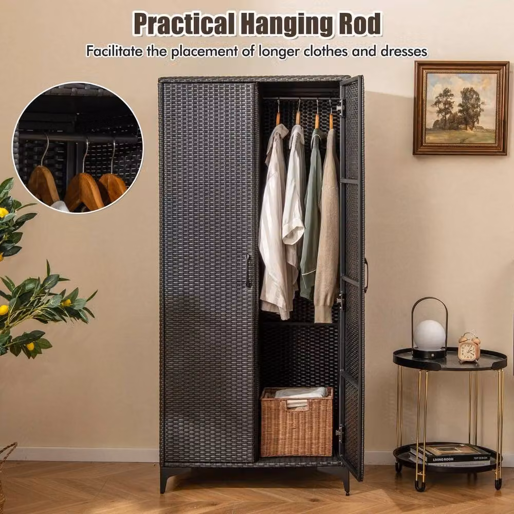 EONLION Black PE Rattan Wicker Wardrobe Armoire with Soft Close Hinged Doors, W/D/H: 100 x 100 x 157 cm – 4