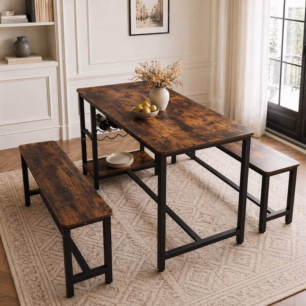 Abrihome Industrial Dining Table and Bench Set in Brown for 4 People – 7