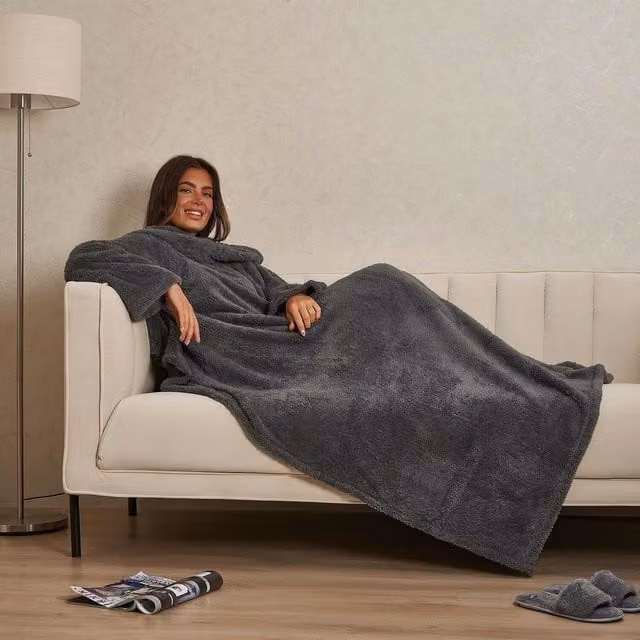 OHS Teddy Fleece Wearable Blanket Wrap Throw with Sleeves in Charcoal Grey