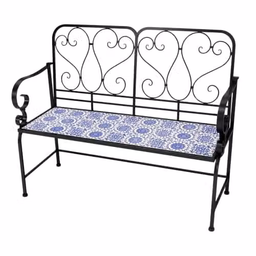 SHATCHI Porto 2 Seater Mosaic Garden Bench with Blue Ceramic Tile Seat and Lacquered Metal Frame, W: 112 cm, H: 96 cm, D: 47 cm