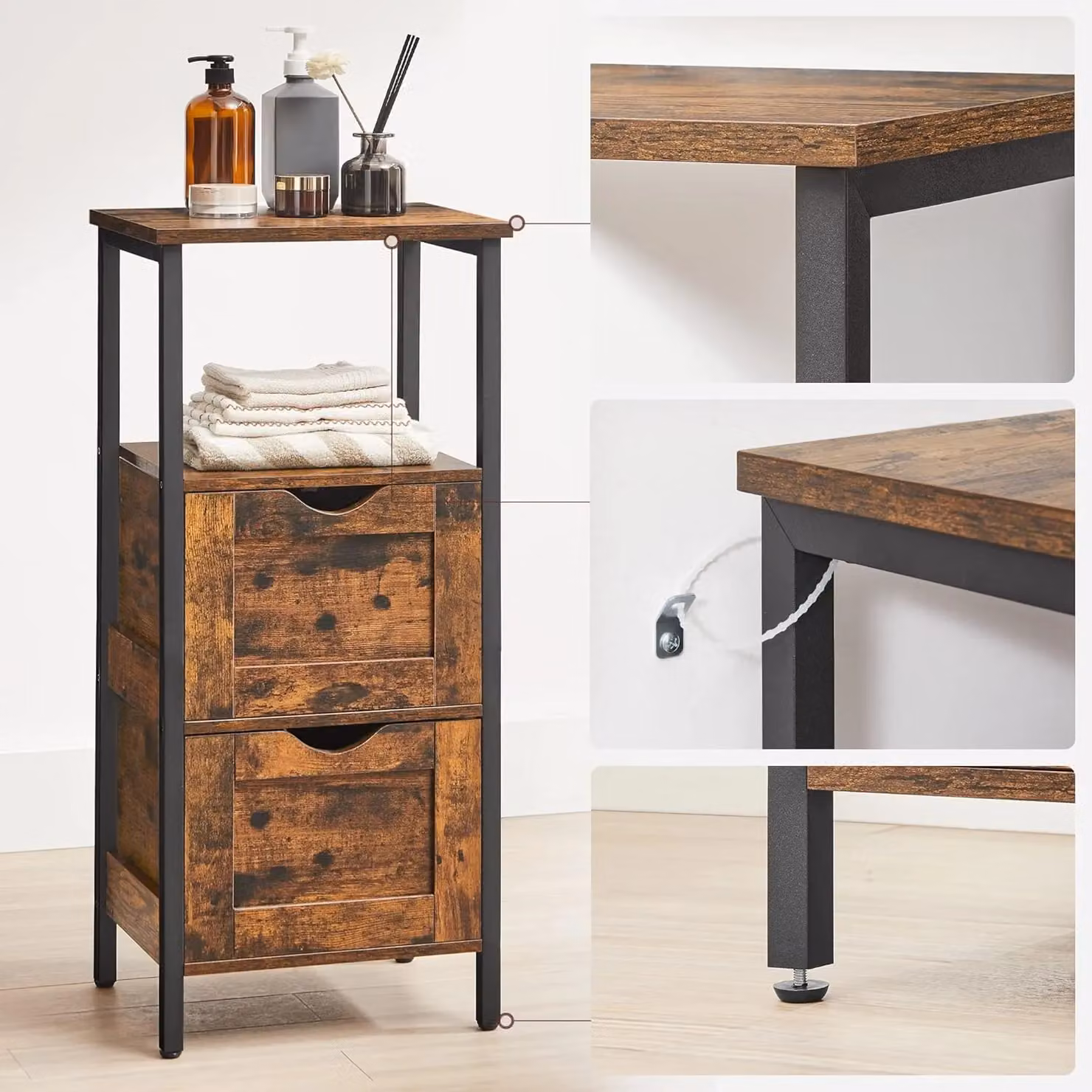 VASAGLE Industrial Freestanding Bathroom Floor Cabinet in Brown and Black – 5