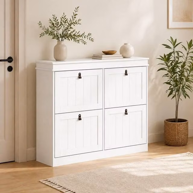 STILVORA Modern White Shoe Cabinet with 4 Compartments and Hinged Doors – 1