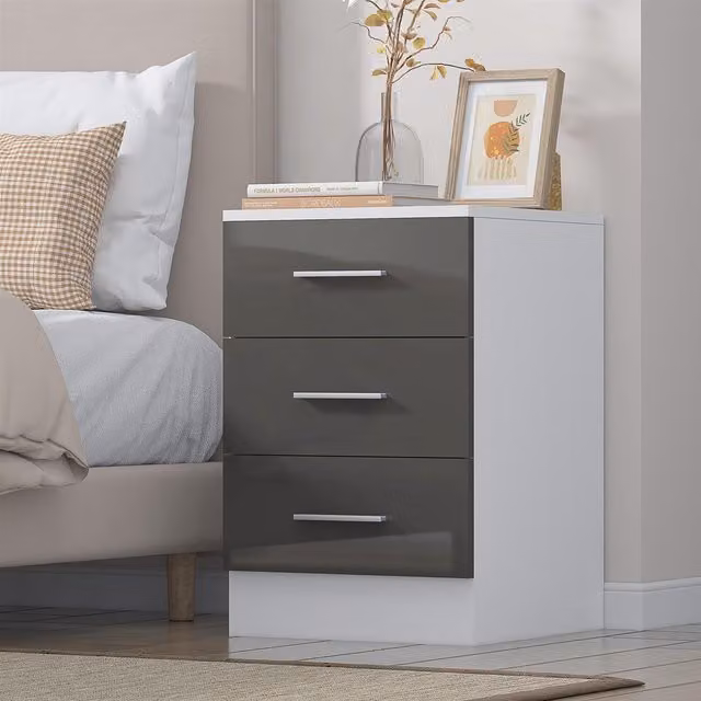 REFLECT 3 Drawer Bedside Cabinet in Grey High Gloss and Matt White