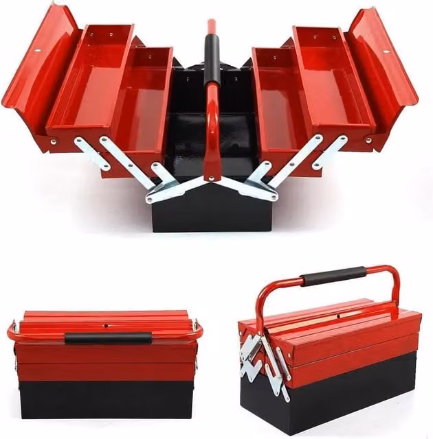 VOGREX Heavy Duty Metal 3 Tier Cantilever Tool Box with 5 Trays, Red