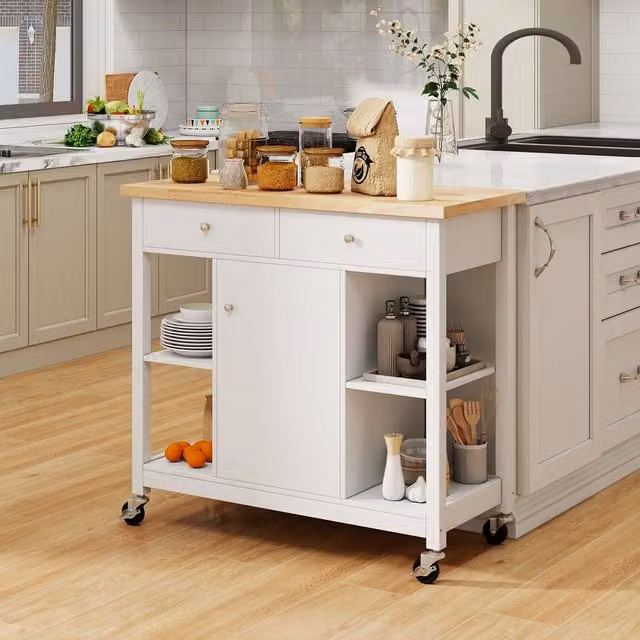 Costway Kitchen Trolley Cart Rolling Kitchen Island with Cabinet and Rubberwood Top in White – 1