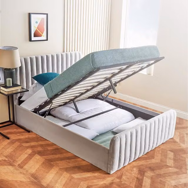 Home Treats Grey Velvet Padded Ottoman Storage Bed with Lift Up Base, W/D/H: 180 x 200 cm
