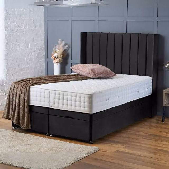 BSSPOKE Hannah Ottoman Divan Bed with 54 inch Headboard and Mattress in Black Plush Velvet, W/D/H: 180 x 200 cm