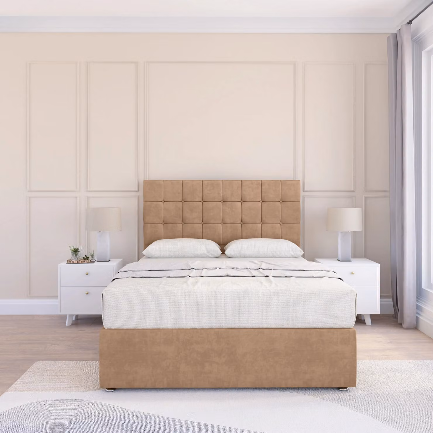 Sloomy Alabama Divan Bed Base with Floor Standing Headboard, Beige Microfibre Fabric, W/D/H: 90 x 200 cm