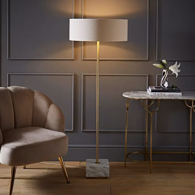 ValueLights Britney Marble Base Floor Lamp with Wide Linen Drum Shade and LED Bulb in Gold/Brass
