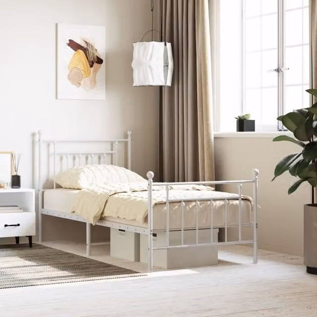 Berkfield Home Metal Bed Frame with Headboard and Footboard in White, W/D/H: 90 x 190 cm