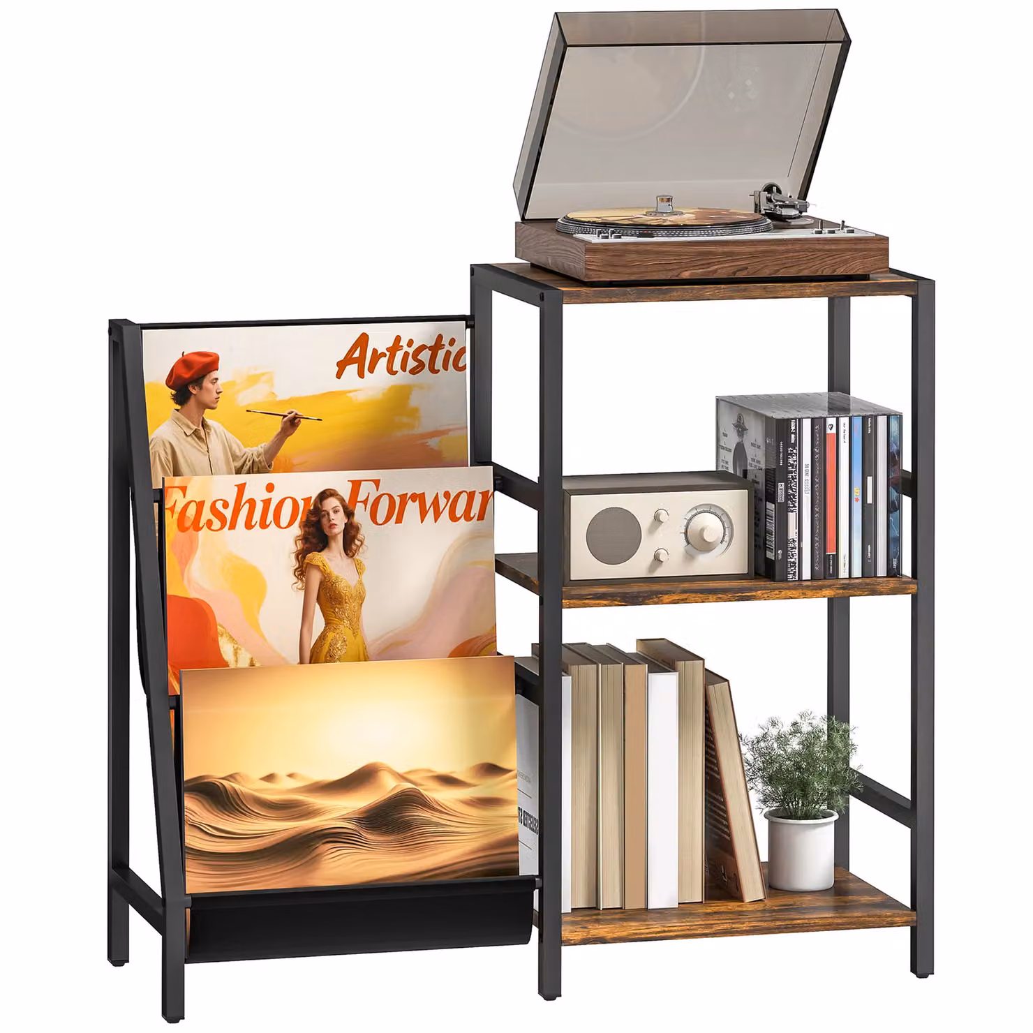 HOMCOM 3-Tier Industrial Record Player Stand and Vinyl Storage Side Table in Brown – 2
