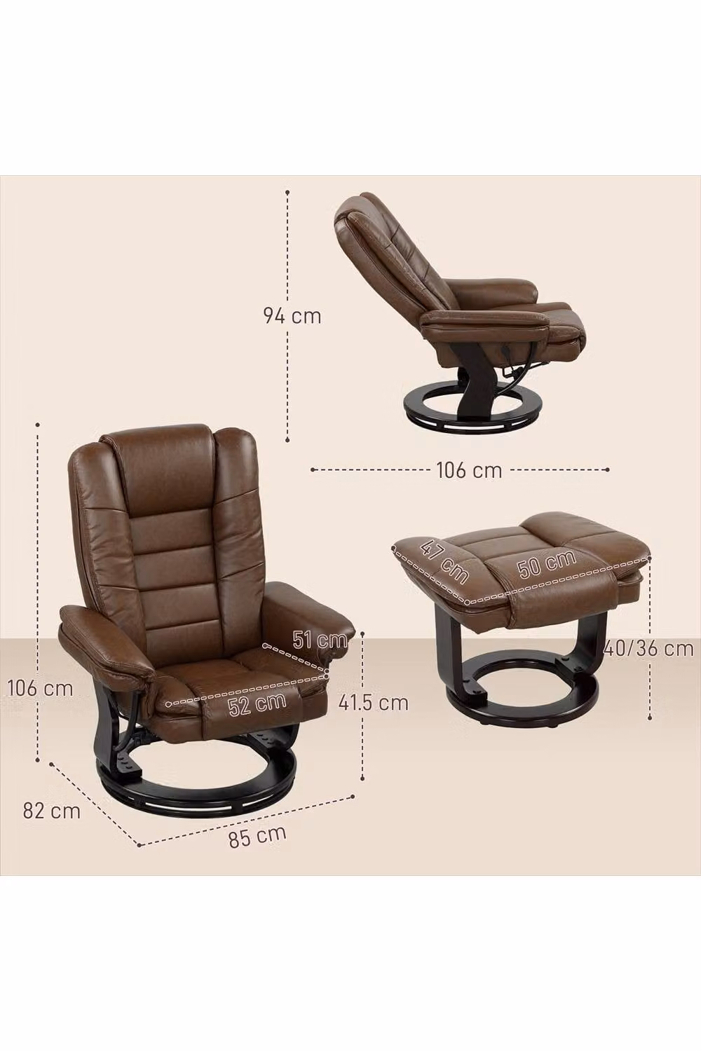 ERGOVEXA Brown Faux Leather 135 Degree Reclining Chair and Footstool Set – 2