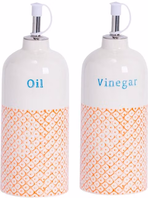 Nicola Spring 2 Piece Hand-Printed Ceramic Oil and Vinegar Pourer Set, Orange and White, 500ml per bottle