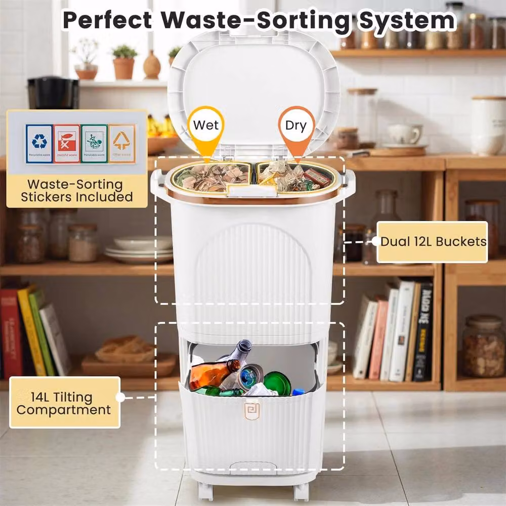 VOGREX 38L Lidded Pedal Sorting Kitchen Bin in White – 2