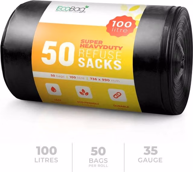 Ecobag Extra-Strong Heavy-Duty Refuse Sacks, Black, 100 l, 50 Pack