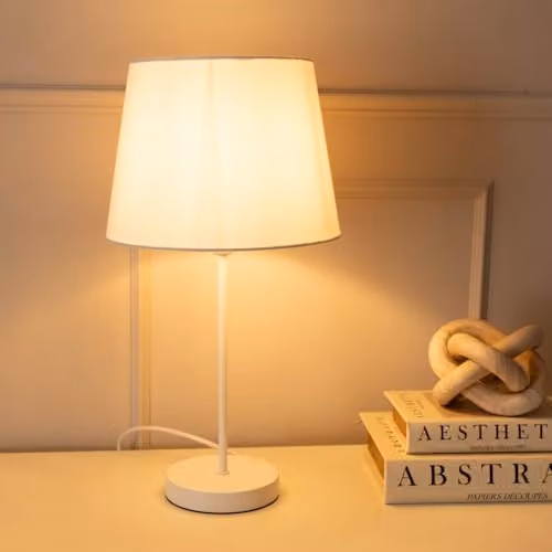 ValueLights Charlie White Metal Single Stem Table Lamp with Beige Fabric Tapered Lampshade – 2