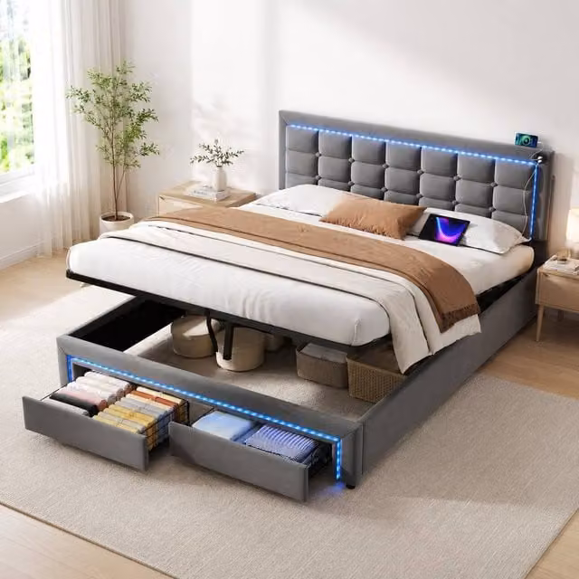 Merax Grey Velvet Upholstered Hydraulic Storage Bed with LED Lighting, USB Charging Port and Drawers, W/D/H: 140 x 200 cm