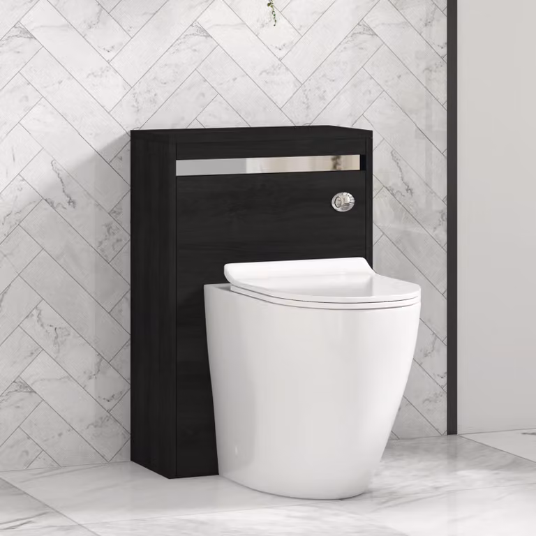 Royal Bathrooms Orion 540mm Hale Black and White Wall Mounted WC Unit with Elva Rimless Short Projection Toilet Pan, Slim Seat and Cistern with Chrome Accent Trim