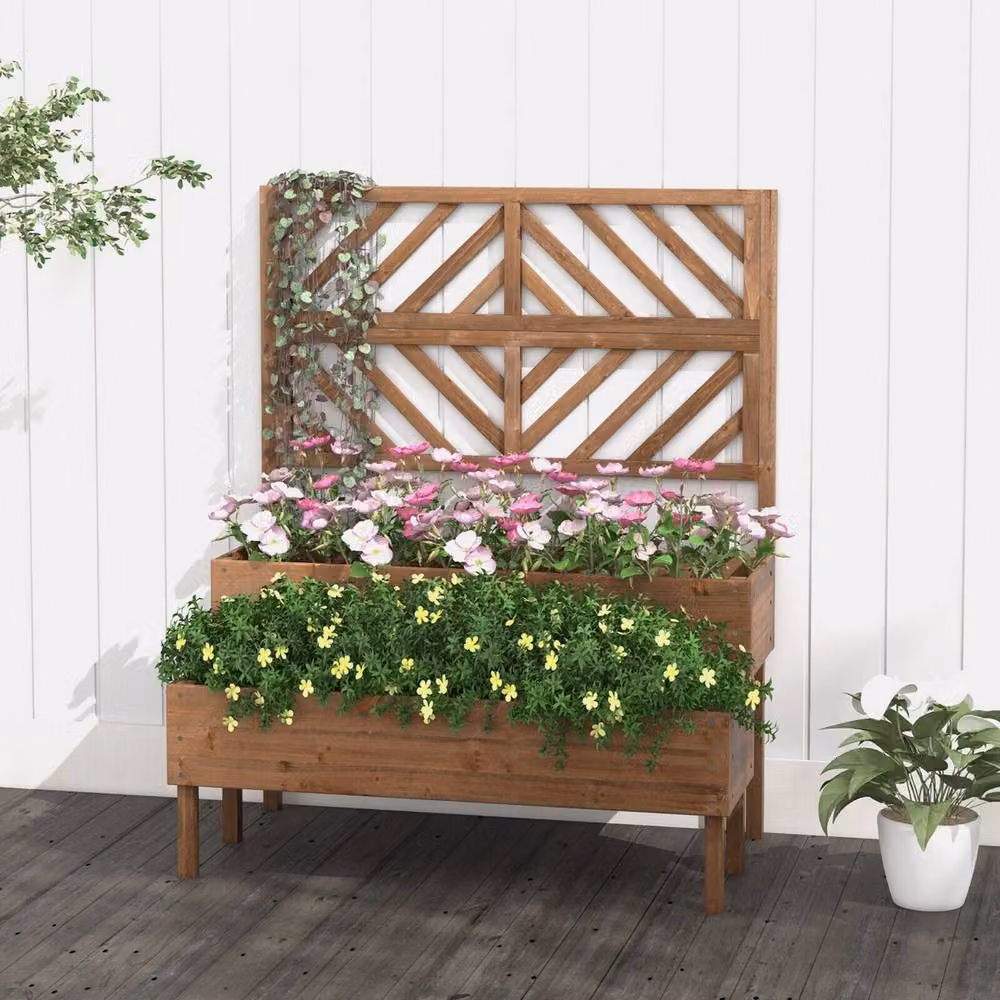 Costway 2-Tier Wood Raised Garden Bed with Trellis and Legs, Brown – 3