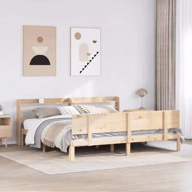 Berkfield Home Rustic Brown Solid Pine Bed Frame with Headboard and Side Compartments, W/D/H: 200 x 200 cm