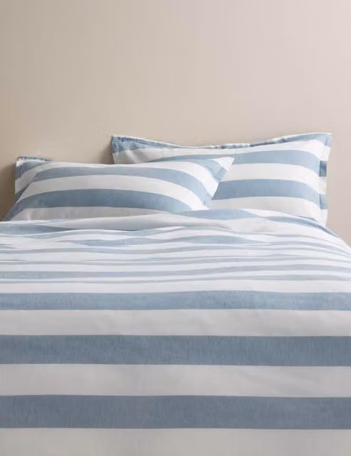 M&S Single 3 ft Striped Linen and Cotton Blend Reversible Bedding Set in Blue Mix