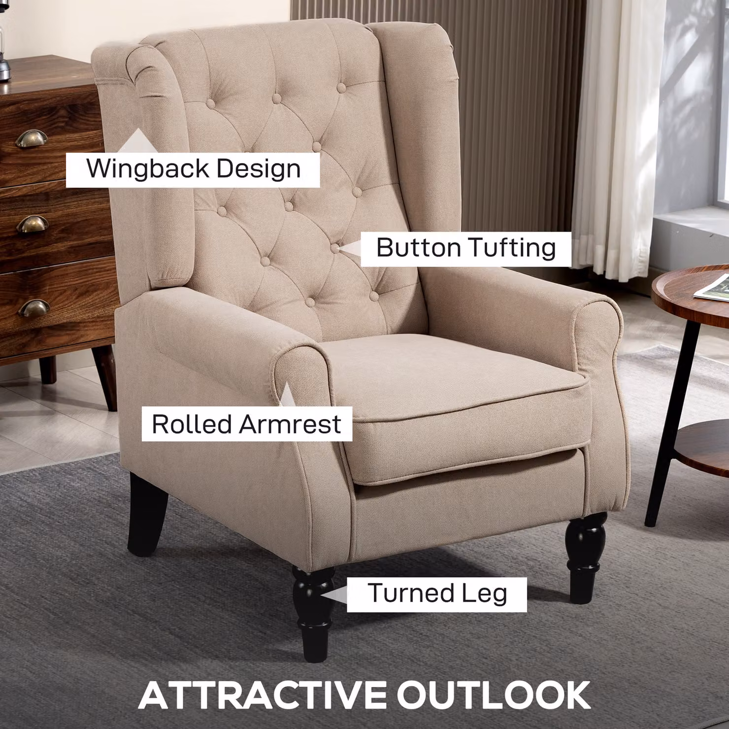 HOMCOM Beige Wingback Accent Chair with Retro Button Tufting and Solid Wood Frame – 3