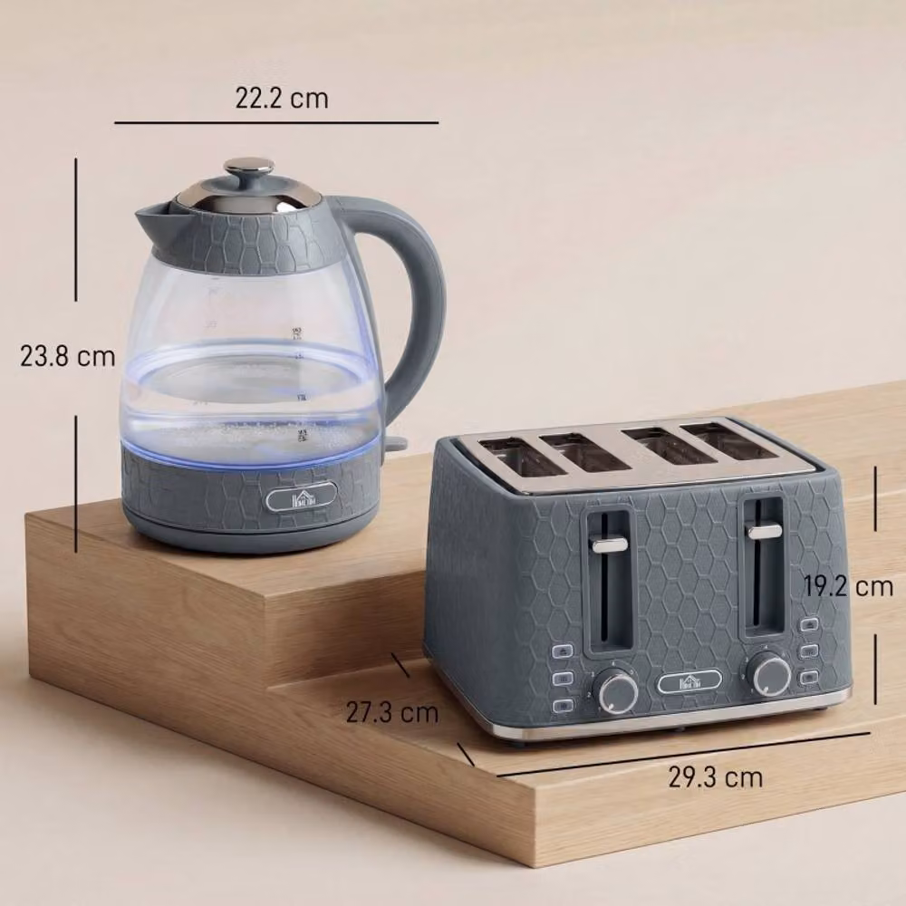 Rolipo Grey Kettle and Toaster Set with Modern Hexagon Pattern, 1.7 l, 3000 W – 3