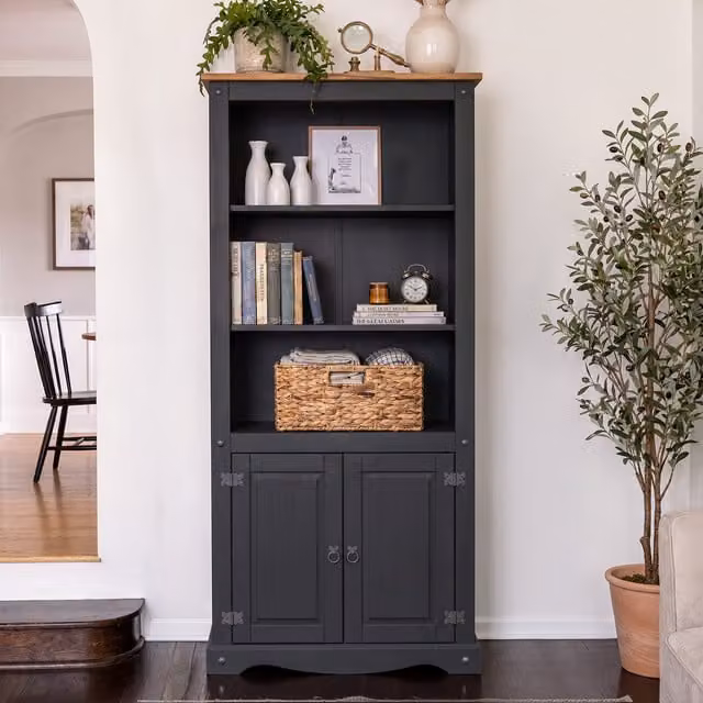 Mercers Furniture Corona 2 Door Pine Bookcase in Charcoal Grey