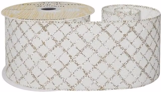 KDMD Cream Wired Ribbon with Gold Diamond Detailing, Width: 6.3 cm, Length: 10 yards
