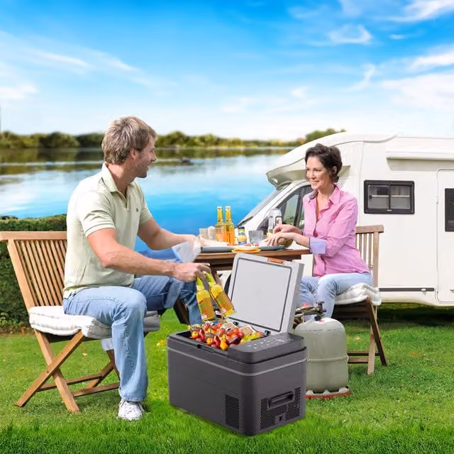 Livingandhome Portable Car Refrigerator with Phone Charging Ports, Grey, W/D/H: 37 x 37 x 37 cm