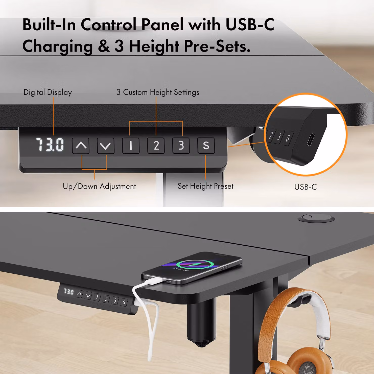 VonHaus Electric Height Adjustable Standing Desk with USB-C Charging in Black, W/D/H: 100 x 60 x 72 cm – 5