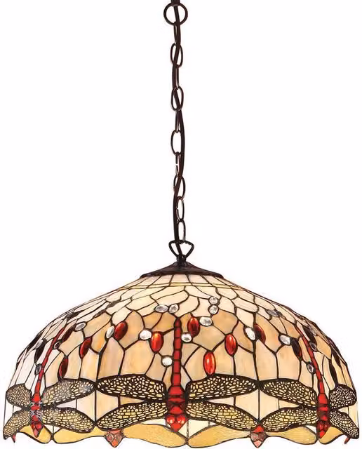 Interiors 1900 Dragonfly Tiffany 3 Light Large Ceiling Pendant in Bronze and Beige with Multicolour Glass