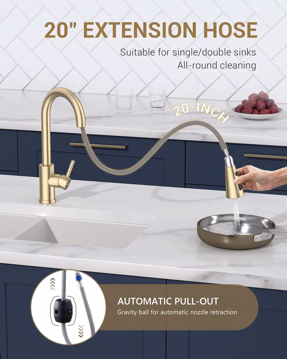 Dayone Elegant Gold Stainless Steel Kitchen Sink Mixer Tap with Pull Out Sprayer and Swivel Spout – 3