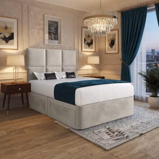 KDMD Itchen Upholstered Designer Bed Frame with Floorstanding Headboard and Drawers in Beige, Size: 180 x 200 cm