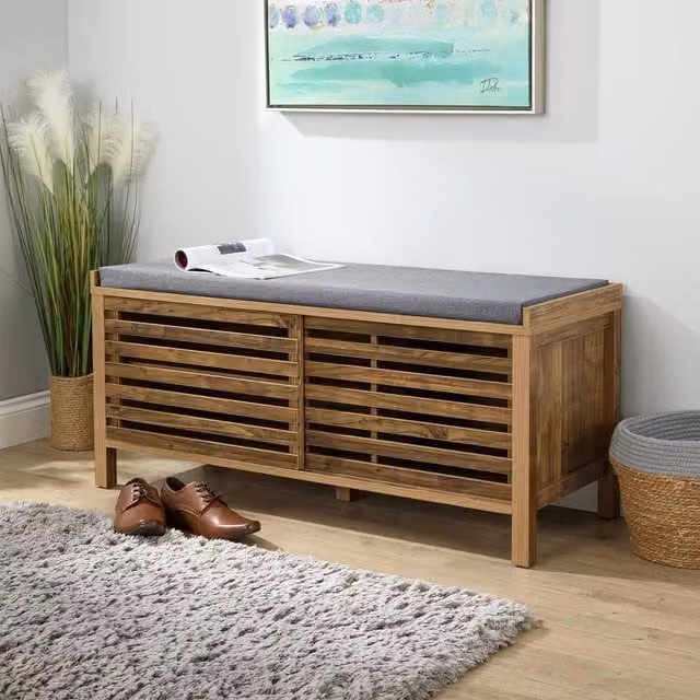 Home Source Luna Shoe Bench Storage Cabinet with Padded Fabric Seat and Sliding Doors in Brown Oak Finish, W/D/H: 112.4 x 43.5 x 51.0 cm – 1