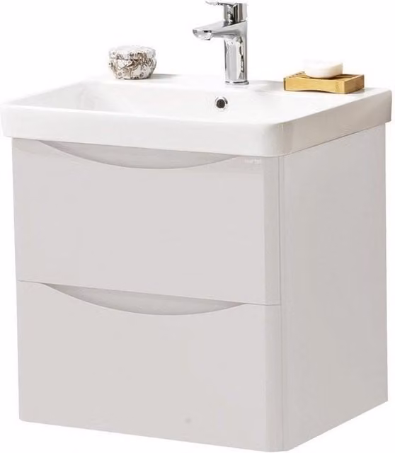 Clifton Cashmere Wall Mounted 2-Drawer Bathroom Unit with Ceramic Basin in Pale Grey, W: 60 cm, D: 46 cm, H: 60 cm