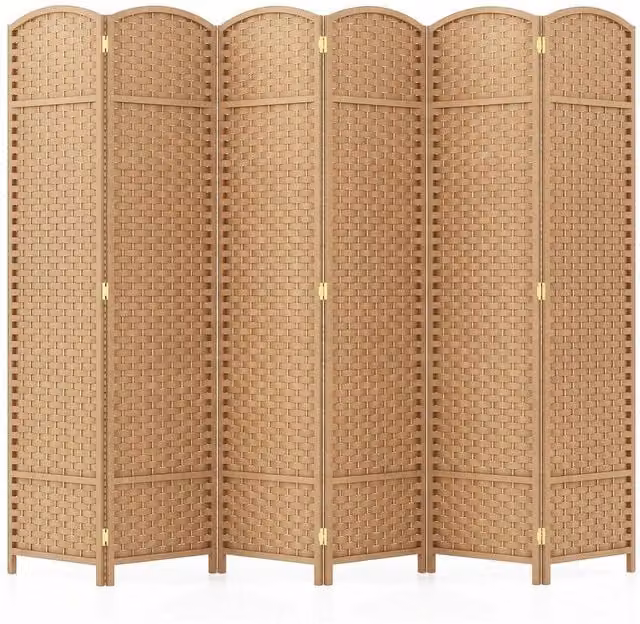 Hinsinc 6-Panel Folding Privacy Room Divider in Natural Wood and Rattan, Sand/Brown, H: 170.67 cm, W: 50 cm, D: 50 cm