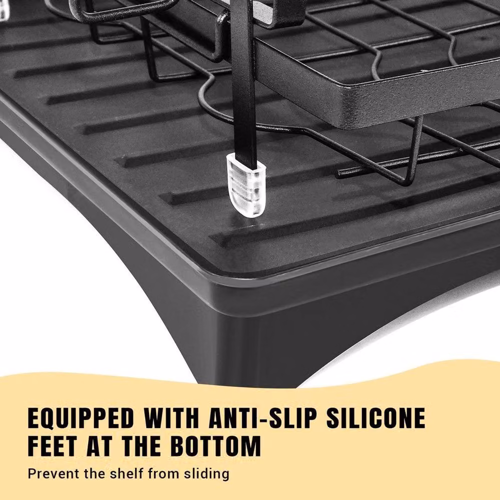 EONLION 2 Tier Black Metal Dish Drainer Rack with Cup and Cutlery Holder, Width: 100 cm – 4