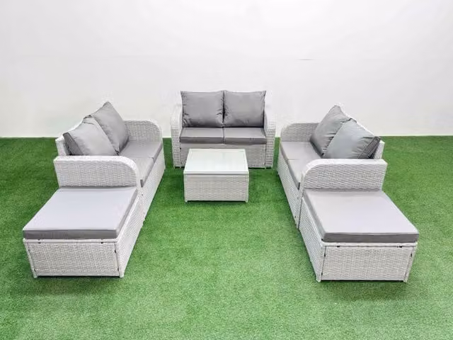 Fimous 8 Seater PE Wicker Rattan Garden Furniture Set in Light Grey with U-Shape Sofa, 2 Seater Love Sofa, Square Coffee Table and 2 Ottomans