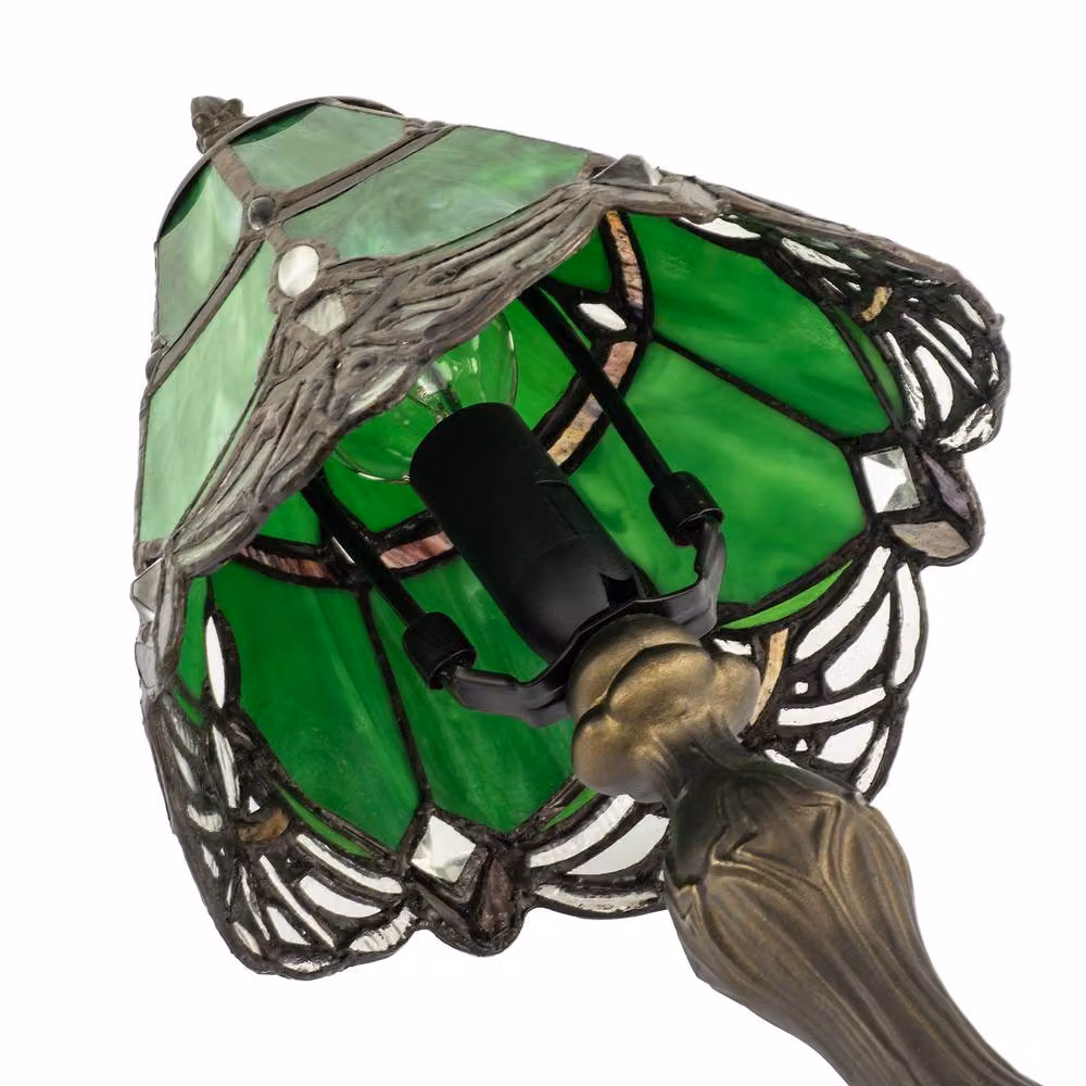 Happy Homewares Green and Transparent Stained Glass Tiffany Tabletop Lamp with Bronze Metal Base – 2
