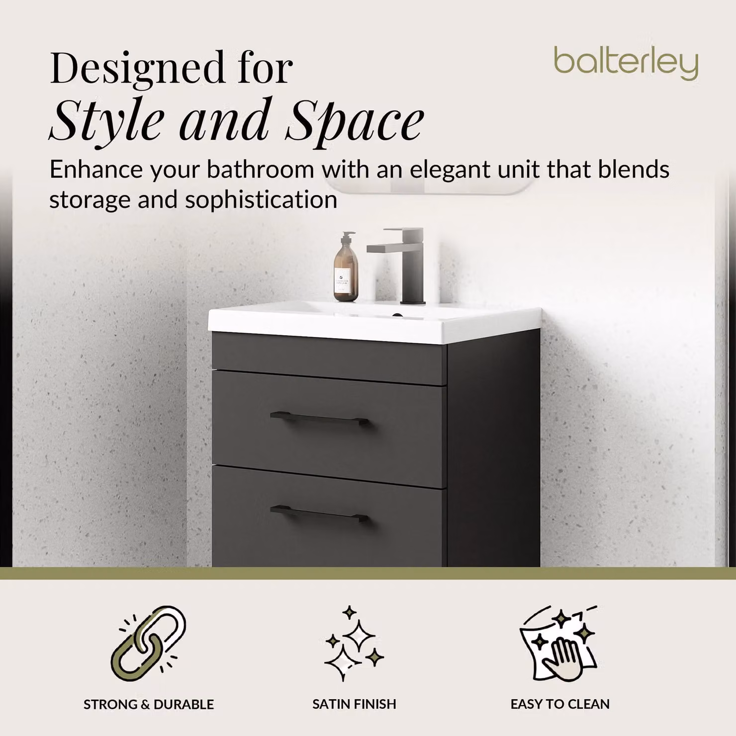 Balterley Modern Glossy 2 Drawer Wall Hung Bathroom Vanity Basin Unit in Grey, Width: 50 cm – 2