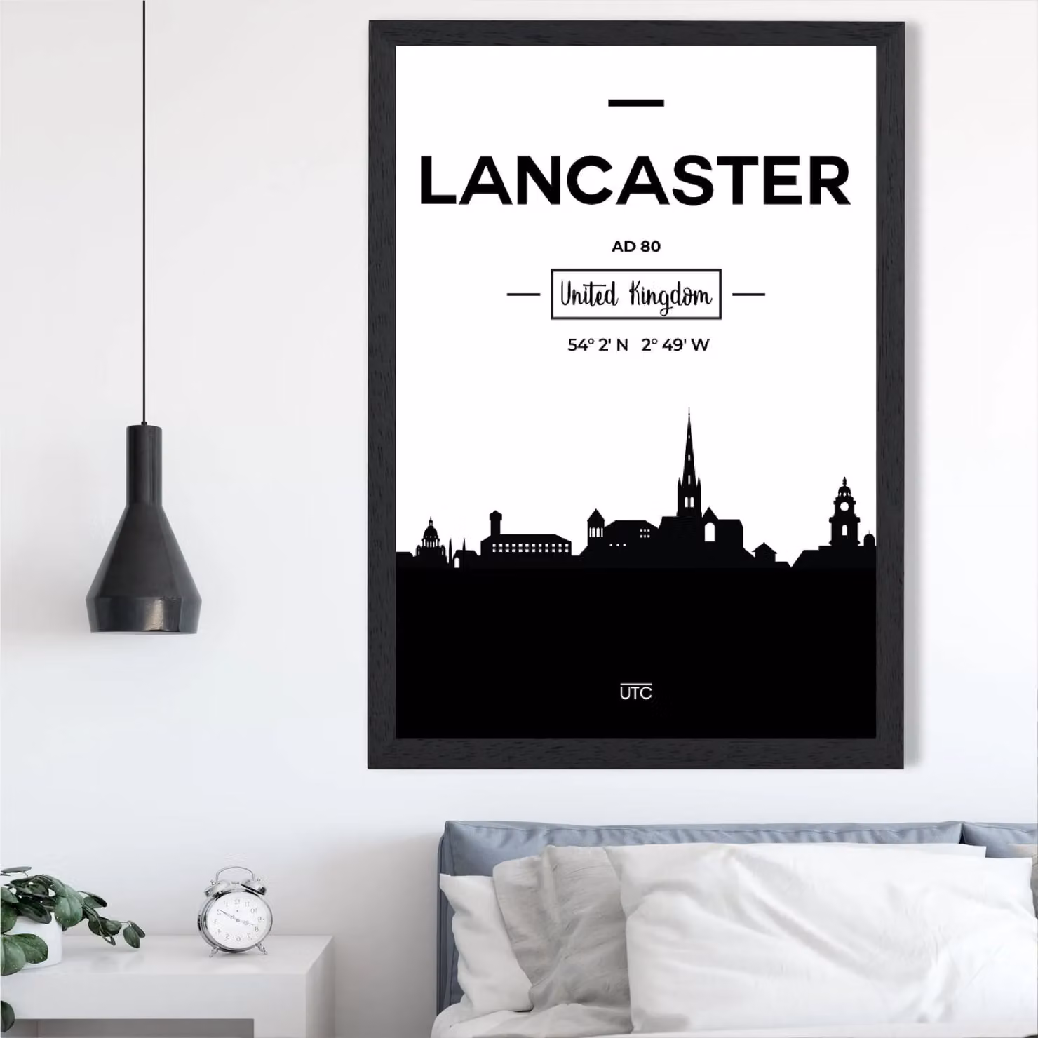 ARTZE Lancaster Black and White City Skyline Framed Paper Poster in Black Frame, A3 – 2